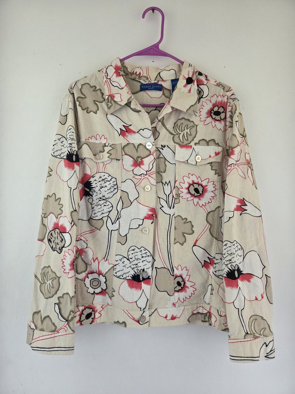 Karen Scott Beige Floral Button-Front Jacket with Pink Accents